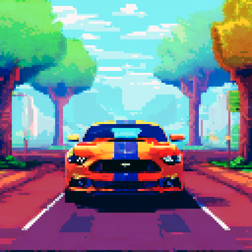 A pixel image of a photorealistic ford mustang car. The car is located in the center of the image and occupies most of the space, we see the front of the car. The car is on the road in the forest