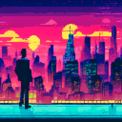 Silhouette of a sleek figure standing on the edge of a skyscraper roof, overlooking the neon-lit cityscape below, against a starry sRGB pixel art background