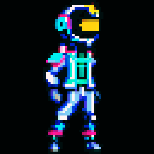 cyberpunk space trader sprite, pixel art, futuristic design, cybernetic arm with intricate detailing, glowing yellow-orange visor over the eyes, trench coat with glowing lines, blue and teal color palette with neon pink and yellow accents, distinct sci-fi aesthetic, confident posture, mid-step left first, left left bent and raised, arms extended, pixel art, sRGB