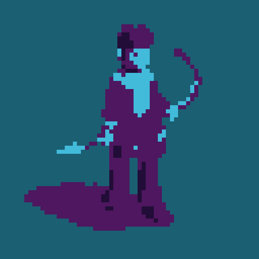 Cool character with a pixel art style, wearing purple clothes, holding a bow and arrow, moving in all directions, for the fantasy magic game called Tawn