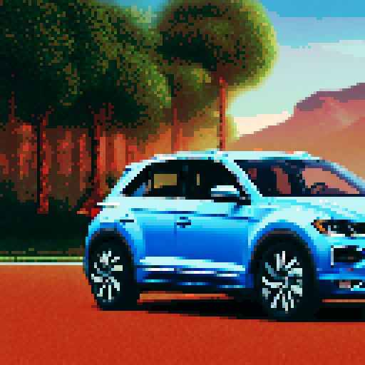 Photorealistic whole Volkswagen T-Roc, centered, three-quarter view, right front wheel, clean background, realistic colors, pixel art style