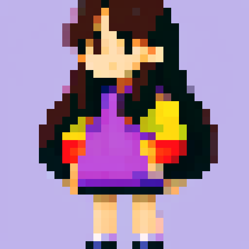 girl with long brown hair and big brown eyes, wearing an oversized purple sweater and black shorts, depicted in pixel art with vibrant sRGB colors