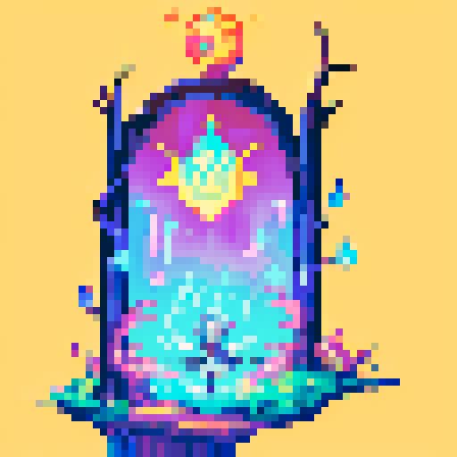 wizard, pixelated character, vibrant colors, magical staff, flowing robes, glowing runes, enchanted forest, shimmering spell, sparkling fireball, swirling vortex, whimsical creatures, old tome, ancient ruins, mystical symbols, ethereal glow, intricate details, nostalgic video game vibes, retro aesthetic, vibrant pixel art, magical ambiance