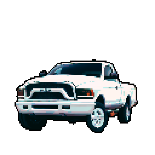 Photorealistic whole Ram pick-up, centered, three-quarter view, right front wheel, clean background, sRGB colors, pixel art style