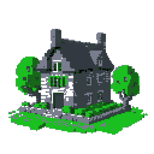 2d grey stone house in an ancient english style. Old and crumbling but still upright. Green vines crisscross it. Usable as an asset (clear, thick lines and a white background). Put a black stroke around the composition