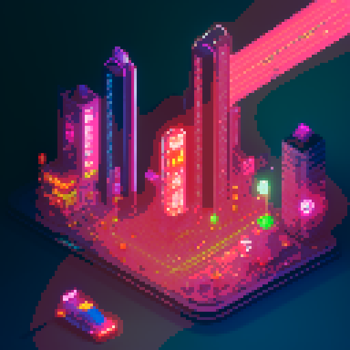 mage girl, neon-lit streets, towering futuristic cityscape, isometric perspective, Japanese cyberpunk, vibrant neon colors, pixel art