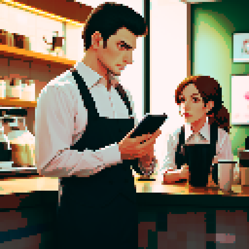 A male hitman dressed in unassuming fashionable clothing standing in a quiet coffee shop observing a day-dreaming female barista who is leaning over the counter and reading an erotic novel