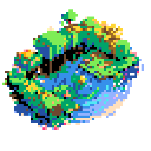 yellow duck in a pond, surrounded by lush greenery and reflecting sunlight in a serene pond with shimmering ripples and pixelated waves, creating a tranquil atmosphere in a picturesque landscape with vibrant colors using intricate pixel art in the sRGB palette