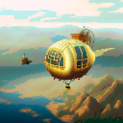 Steampunk airship adorned with gears and brass, soaring above the mist-covered Chinese ivory mountains, capturing the essence of the breathtaking pixel art style