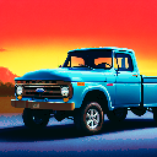 Photorealistic, centered Ford F-series in a three quarter view, right wheel in front, clean background, pixel art style with sRGB colors
