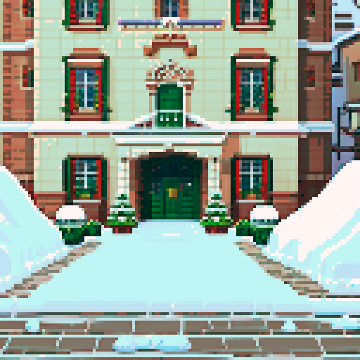 Snowy area, front of boarding school, gate