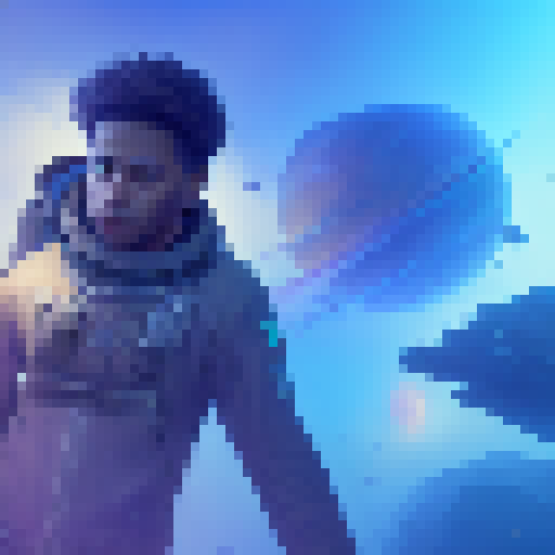 Brown man hovers, space, dark earth, Nike sneakers, jeans, t-shirt, animated, Fantasy RPG.