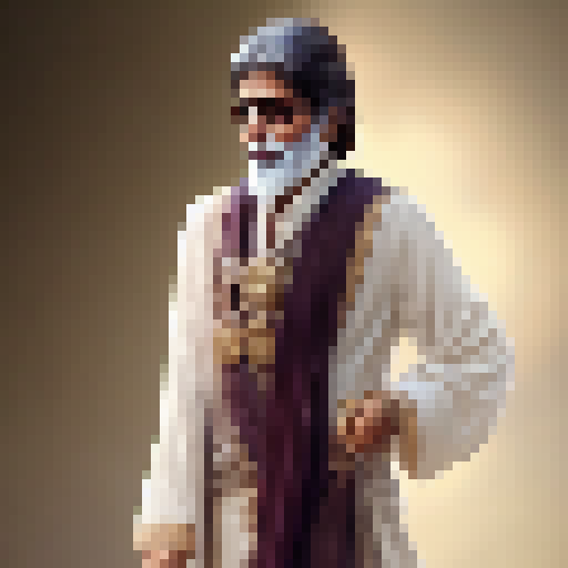 Regal Amitabh Bachchan, draped in flowing robes and sporting a long white beard, stands tall in a mythical world filled with majestic dragons and sparkling gems, embodying the essence of a powerful wizard in a Fantasy RPG.
