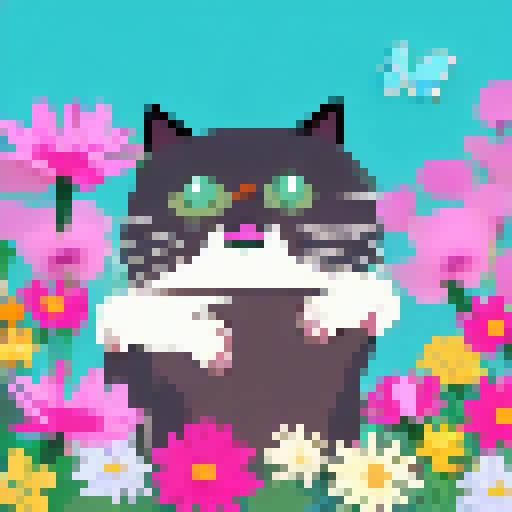 Laughing cat with big eyes, pink nose and fluffy fur, surrounded by colorful flowers and butterflies, in Anime style.