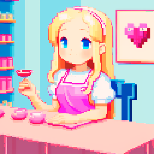 girl with long blonde hair, friend with short brown hair, pink apron, table, nail salon, pixel art, sRGB