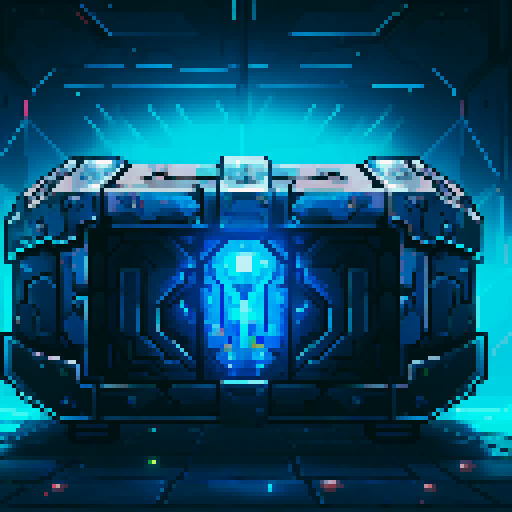 mystery box, stone, metall, shiny, pixel art, sRGB, vibrant colors, glowing lights, intricate patterns
