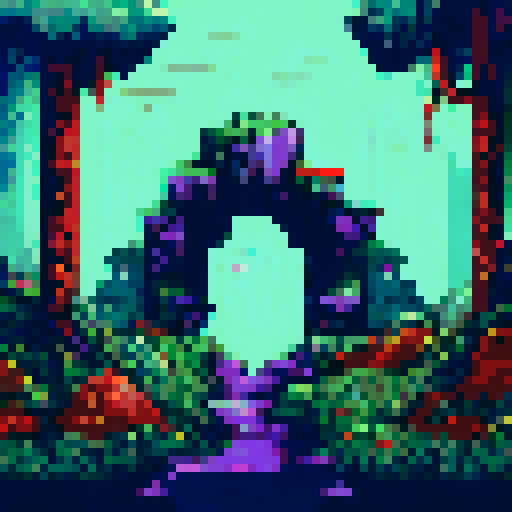 foggy cave entrance, moss-covered stalactites, dimly lit, eerie atmosphere, winding path, ancient rock formations, ethereal glow, pixelated fog, sRGB color palette, pixel art style, detailed background, misty landscape