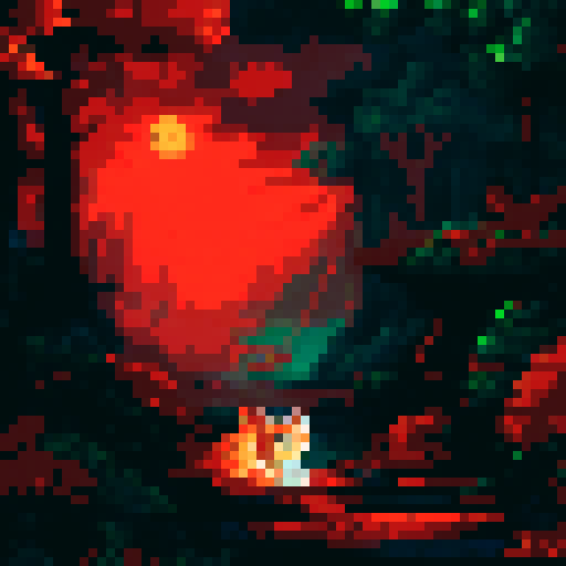 Kitsune girl cradling a playful cat, amidst a picturesque landscape of fiery red and golden leaves, in a whimsical pixel art style
