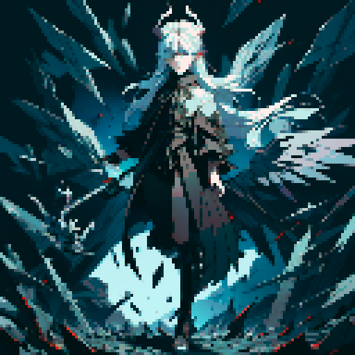 evil villain, angel with horns, wings made of broken glass shards, sharp spikes jutting from ground at feet