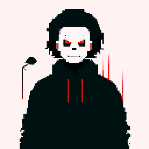 Michael Myers, dark silhouette, looming presence, blood-red eyes, pixelated horror, sRGB color palette, chilling atmosphere, knife-wielding figure