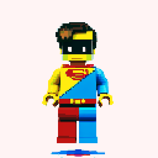 superman flying, vibrant pixelated red and blue costume, blocky lego-like figure, retro video game-inspired artwork, bold primary colors, sRGB color space
