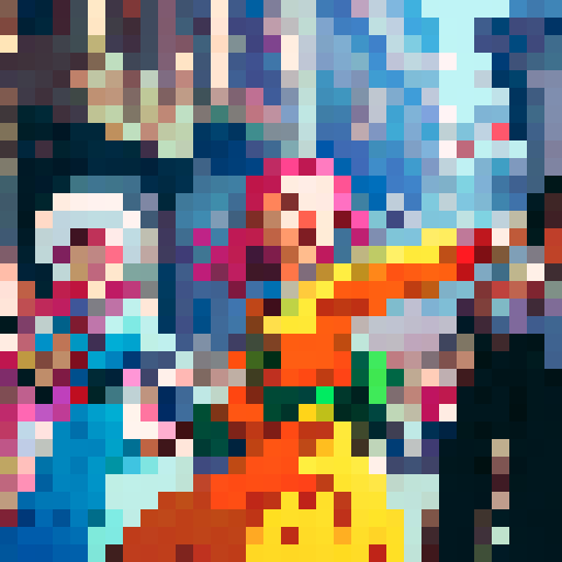 admiration culture, vibrant colors, intricate patterns, bustling crowds, traditional costumes, ornate architecture, blooming flowers, joyful celebrations, animated expressions, dynamic poses, pixelated details