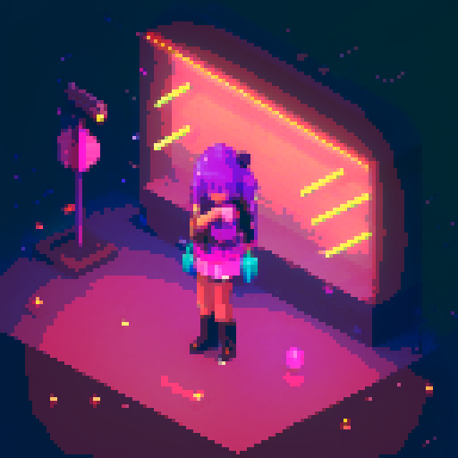 Street Mage anime girl with flowing hair, fluorescent tattoos, and a pixelated sniper rifle, navigating through a purple neon-lit night market and an sRGB glow
