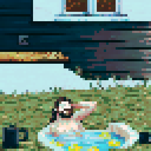 crazy cool guy with long brown hair sitting in a small pool, pixel art, sRGB, background, landscape