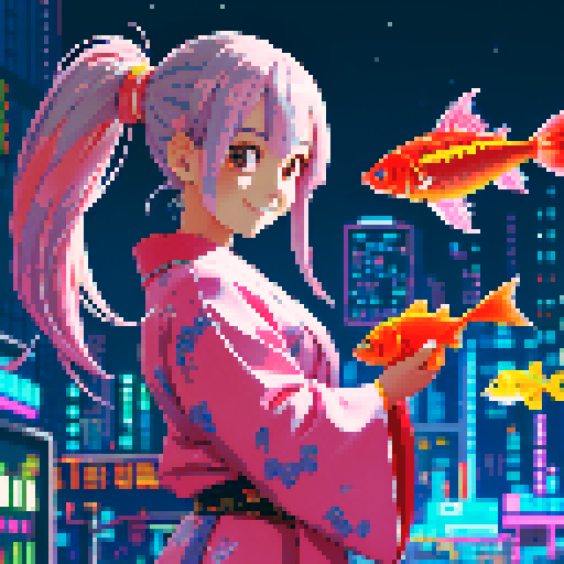 pixel art,high resolution,1girl,smiling,look at fish,ponytail,pink silver hair,brown kimono,traditional clothes,cyberpunk,futuristic,neon lights,cityscape,night sky,2fish,goldfish,flying fish,glitter fish,smiling,looking at fish,