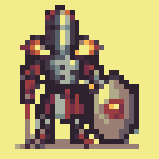 valiant knight, brown-haired, no helmet, wielding sword and shield, shield embossed with golden "V", oblique side view. character sprite