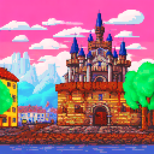 Crowded, bustling medieval market with colorful stalls selling fresh fruits, vegetables, meats, and baked goods; narrow cobblestone streets lined with wooden merchant shacks; castle towers and church spires rising above the bustling scene; all depicted in a vivid, sRGB pixel art style with a detailed background landscape
