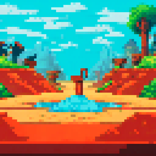 sand pit filled with quicksand, platforms with crude giant slingshots, clear and bright weather, pixel art, sRGB, background, landscape