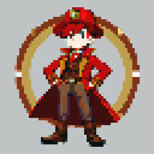 steampunk young man, red coat, red hat, 2D game stance, pixel art, sRGB