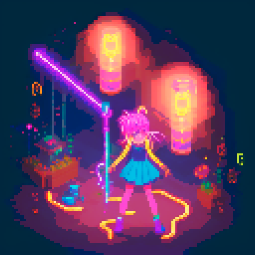 Mage anime girl with flowing hair, fluorescent tattoos, and a glowing staff, navigating through a purple neon-lit night market, vibrant colors, intricate patterns, retro aesthetics, pixel art