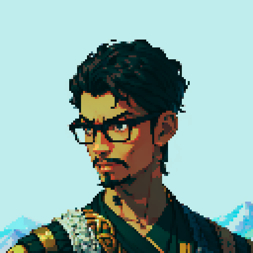 Southeast Asian man, short curly hair, round glasses, tanned, goatee, diamond shaped face, black eyes, age 25, wearing a robe