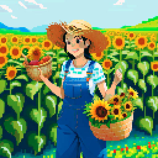 happy, female male farmer in pixel art style, black hair, surrounded by vibrant green fields, wearing worn-out denim overalls and a straw hat, holding a basket full of freshly harvested carrots and a bouquet of sunflowers, with a content smile on his face, standing next to a rustic wooden cart filled with colorful fruits and vegetables