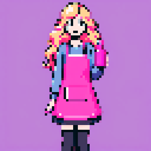 girl with long, wavy, blonde hair, pink apron, holding nail polish bottle, pixel art, sRGB
