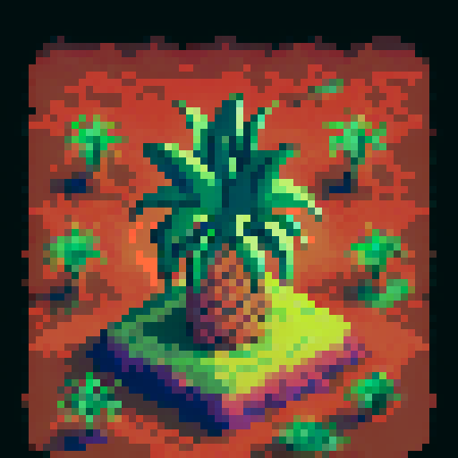 Giant Pineapple with intricate golden patterns growing halfway in the ground, surrounded by little baby pineapple saplings, all illuminated by moonlight in an isometric view, against a black background, showcasing only 6-colors
