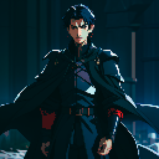 T-pose. Male. Full body. Short, dark blue hair. Black coat. Thin, covert, black armor underneath the coat. Better facial features. No shading.