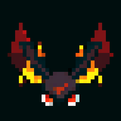 A fiery demonic creature with flames flickering on its body, larger wings, and glowing red eyes. It emits a faint glow and has a sinister expression. No background.
