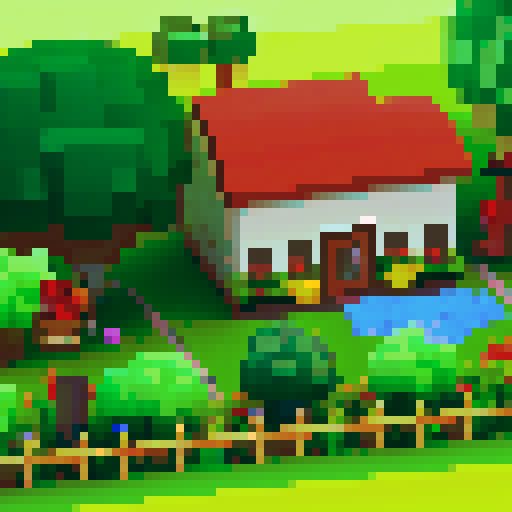 Create a vibrant, pixelated map of a farm-to-table kitchen for the first level of Dr. Ketchup's video game, featuring a lively garden full of fresh vegetables and a bustling kitchen area equipped with classic cooking tools, all rendered in a colorful and stylized pixel art style. Create a pixel art map for the first level of the Dr. Ketchup video game. This level will be the introduction to the world of Dr. Ketchup, setting the tone for the rest of the game. The map should be a stylized version 
