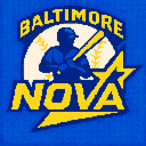 Pixel art of a fictional baseball team called the Baltimore Nova. yellow, blue, and white, sharp outlines, and soft pixel shading. The logo design mimics 80s MLB logos. Use a vibrant Sega Genesis 16-bit style with selective dithering, geometric forms, and nostalgic retro charm. Avoid modern gradients—keep it pure pixel art.
