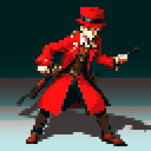 steampunk young man, red coat, red hat, 2D game stance, pixel art, sRGB