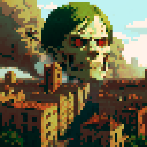 Attack on titan, towering titans with menacing expressions, crumbling cityscape, intense battles in pixel art style, vibrant colors of sRGB palette, soldiers soaring through the air with omni-directional mobility gear, survey corps emblem shining brightly, Eren Yeager's determined face, colossal titan emerging from the smoke, epic clashes between humans and giants