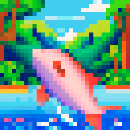 a pink dolphin jumping in a river in the middle of a rainforest