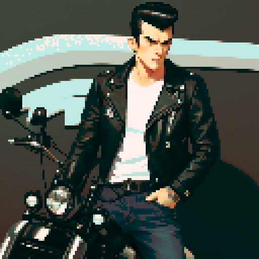 Tough Greaser man wearing motorcycle jacket with pompadour hairstyle, portrait, face avatar, sRGB colors.
