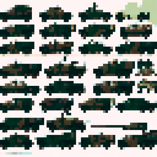 armored tank, camouflaged colors, rugged tracks, turret with a cannon, smoke rising from the exhaust, shiny metallic armor, military insignia, battle-ready weaponry, intricate details, vibrant pixelated hues, realistic shading