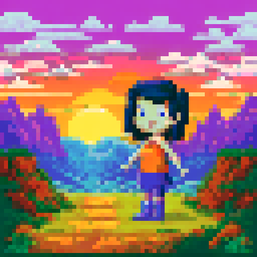 Girl with black hair wearing a black T-shirt and white stockings standing in a pixelated sRGB landscape with towering mountains and a bright, colorful sunset in the background