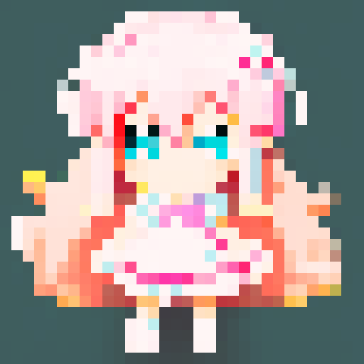 shy anime girl with pastel pink hair, wearing a frilly white dress, waving in a vibrant pixel art scene with a sRGB color palette