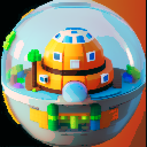 A sphere spaceship shaped like a gachapon with a clear window top. through the top window is an orange cat. cute
